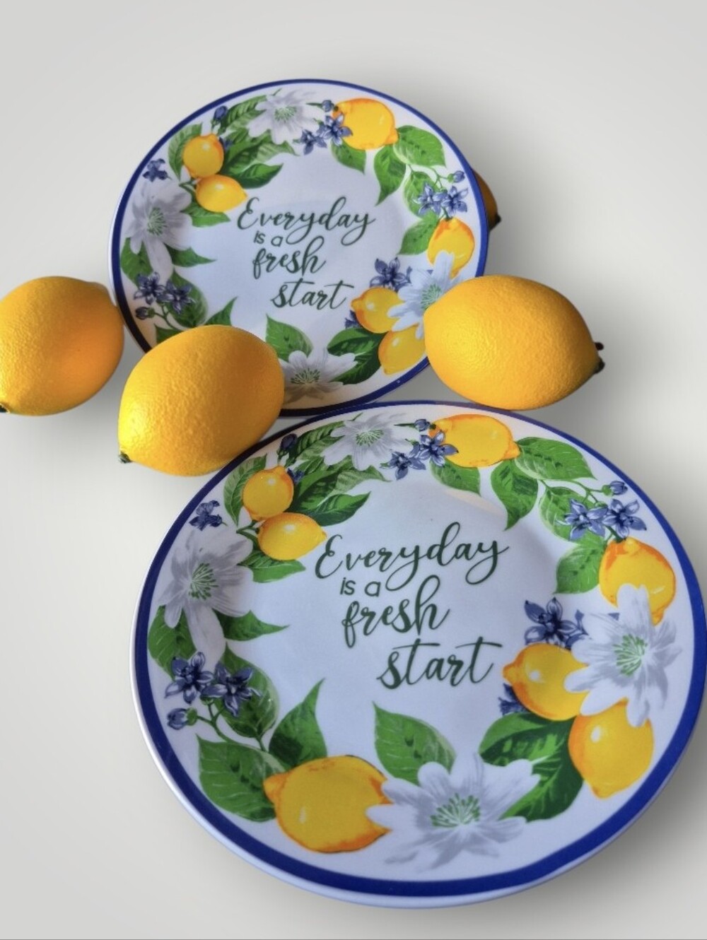 Lemon Ceramic Plate "Everyday Fresh Start" Print— White, Yellow, Green, Blue